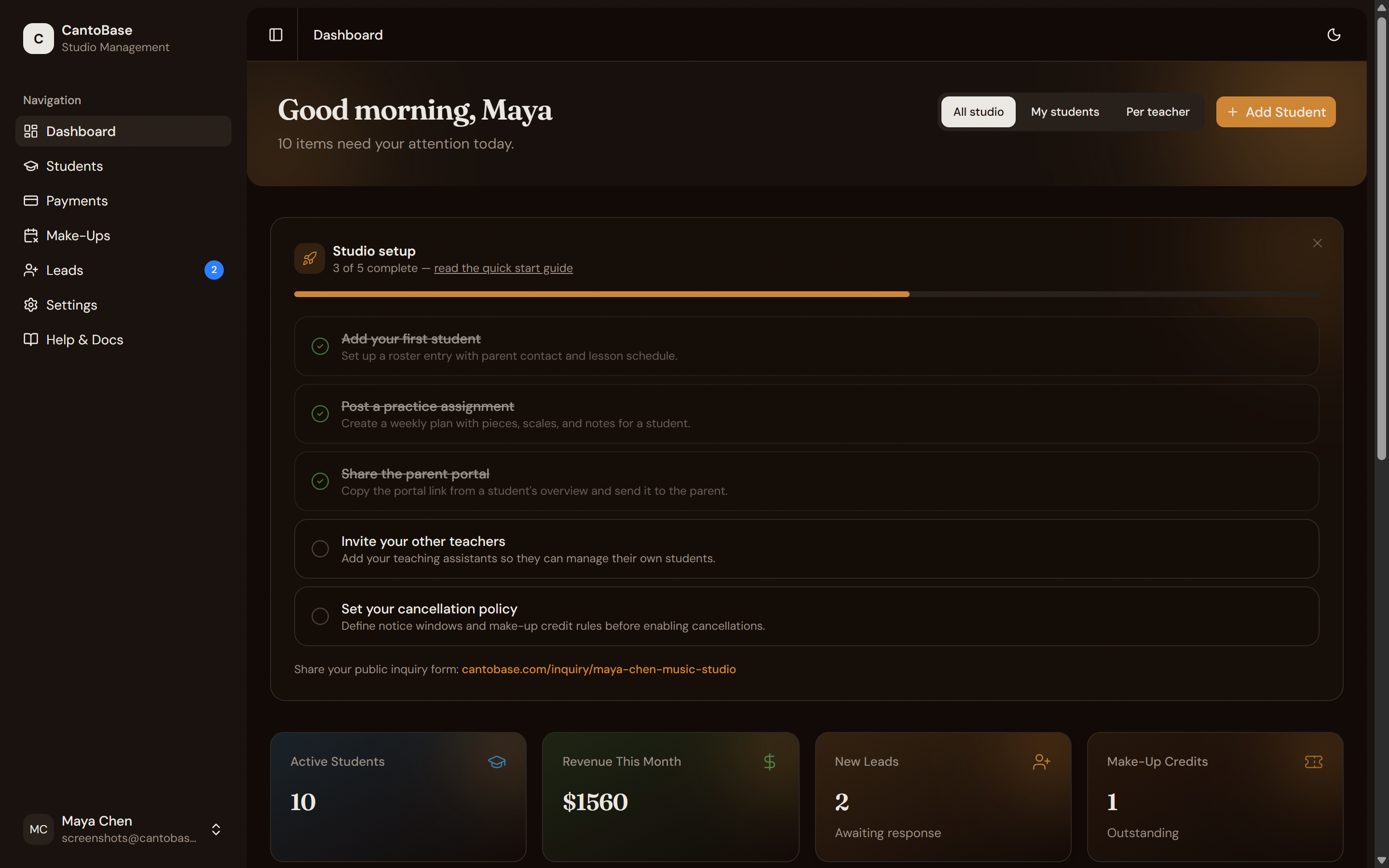 CantoBase dashboard showing active students, revenue, needs attention items, and practice progress