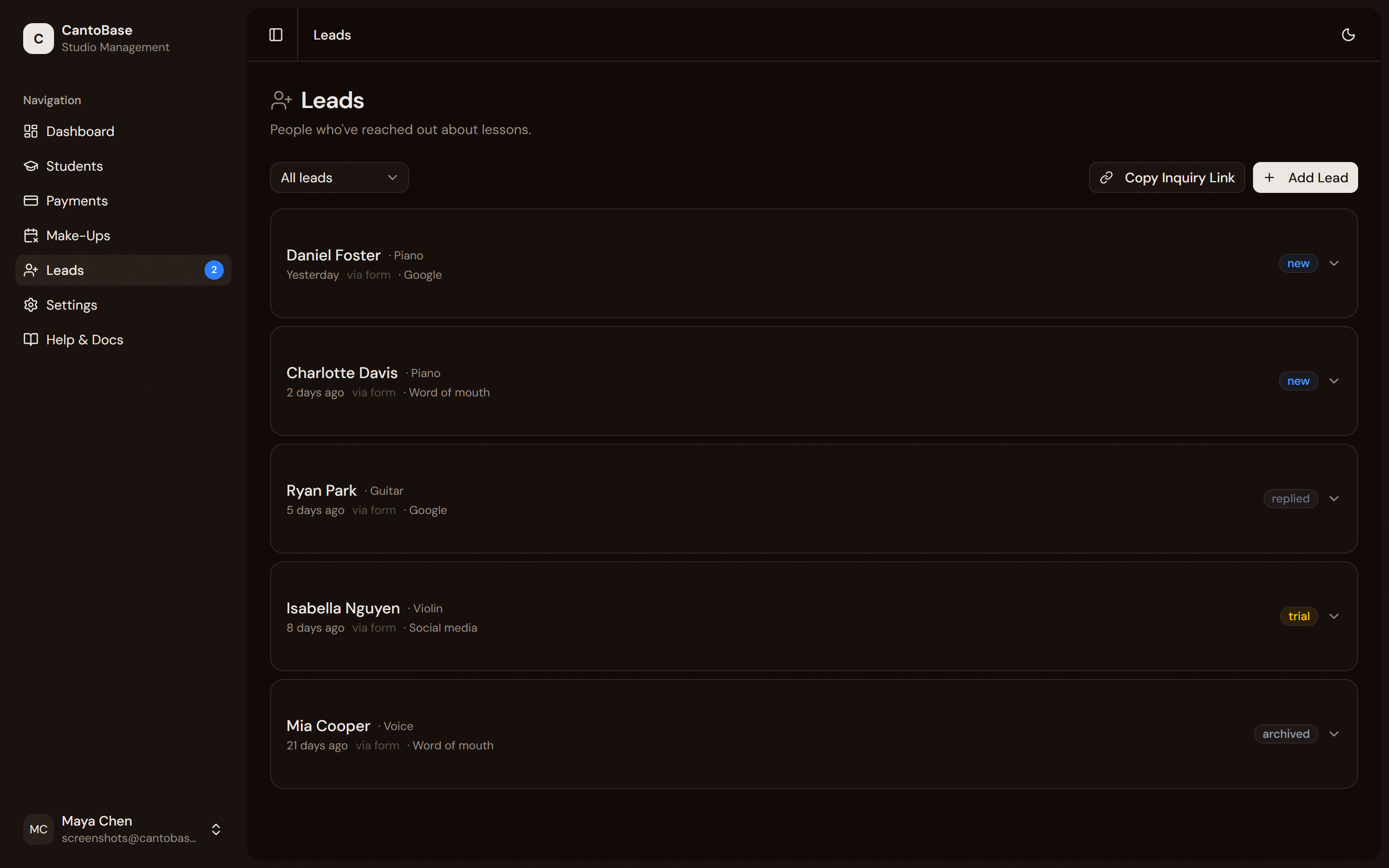 Leads inbox showing inquiries with status badges (New, Replied, Trial, Enrolled, Archived)