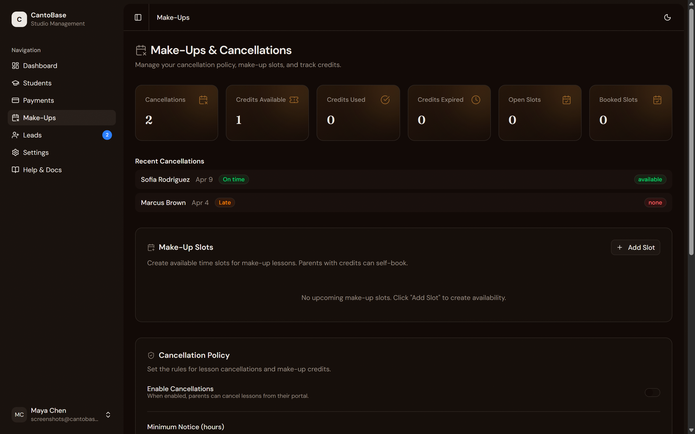 Make-Ups page with stat cards for cancellations, credits, and slots, plus recent cancellations and make-up slots list