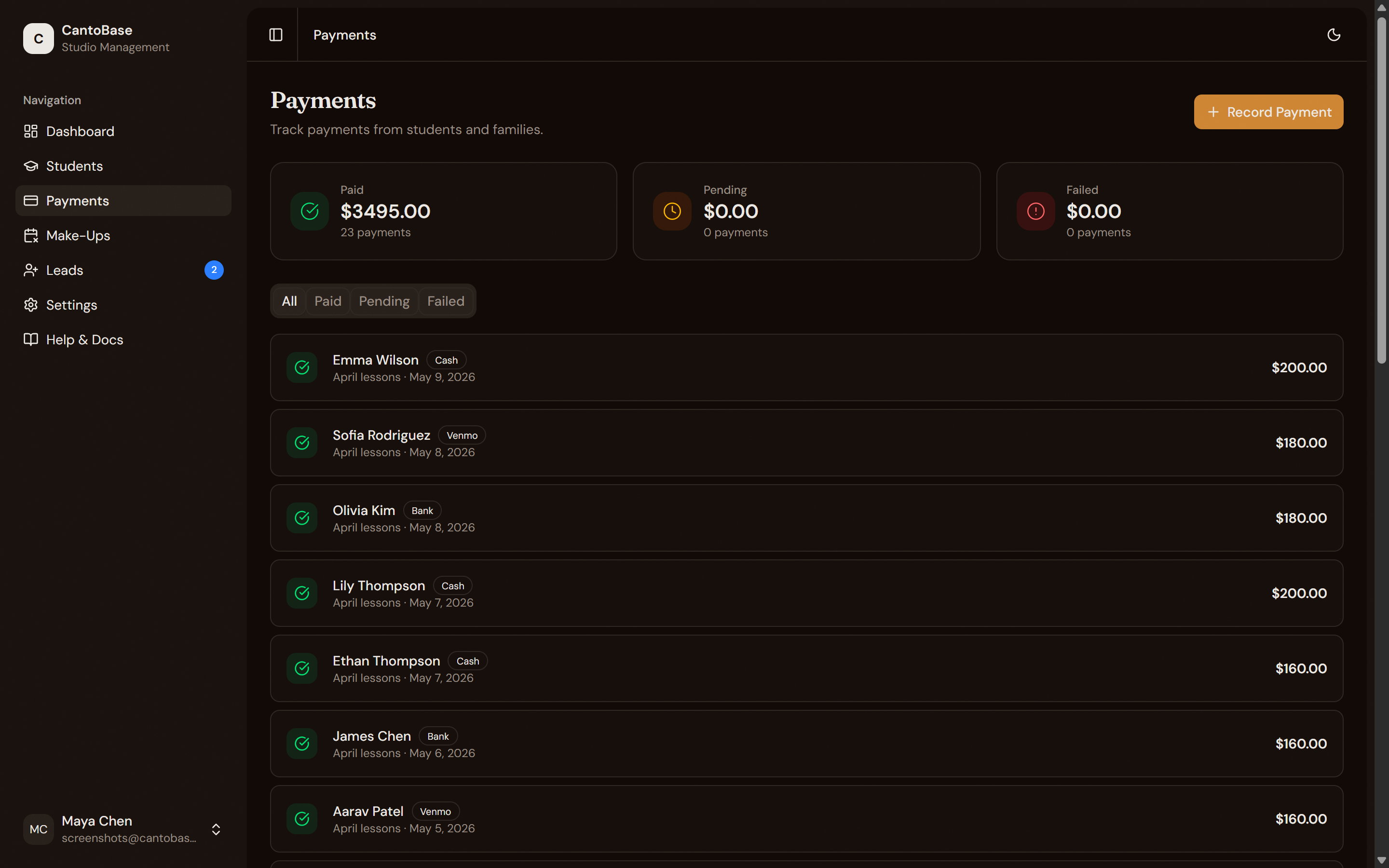 Payments dashboard with Paid, Pending, and Failed summary cards and a list of recent payments