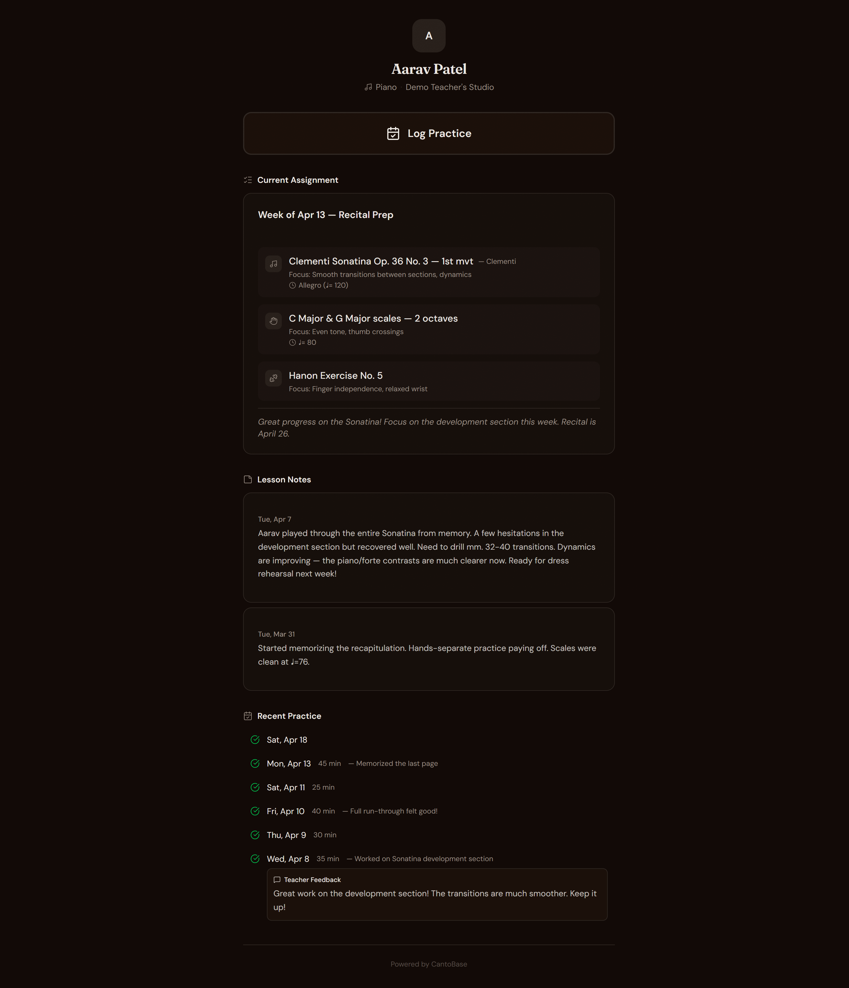 Full parent portal page showing assignment items, lesson notes, and practice history