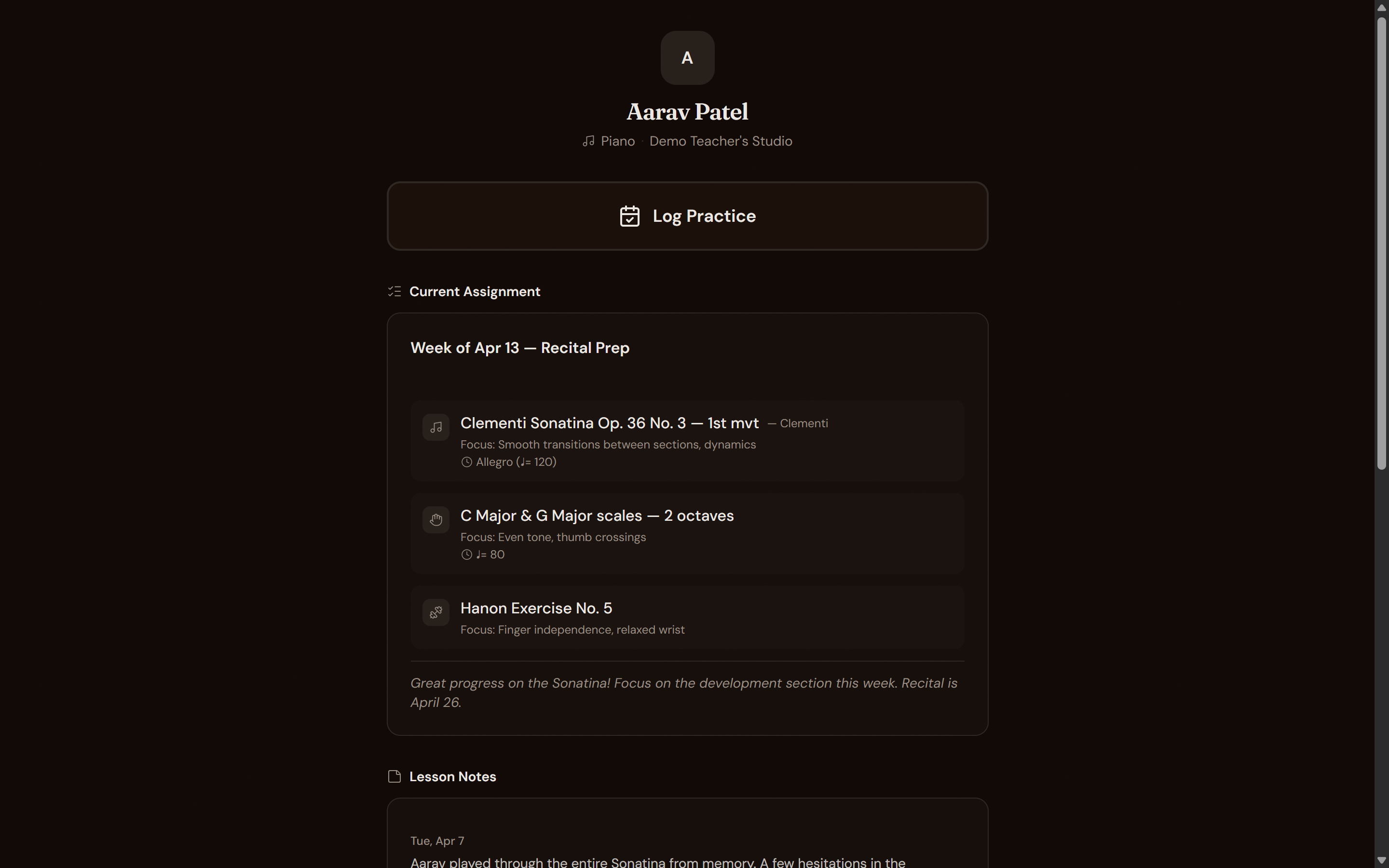 Parent portal showing student assignment with practice items, lesson notes, and log practice button