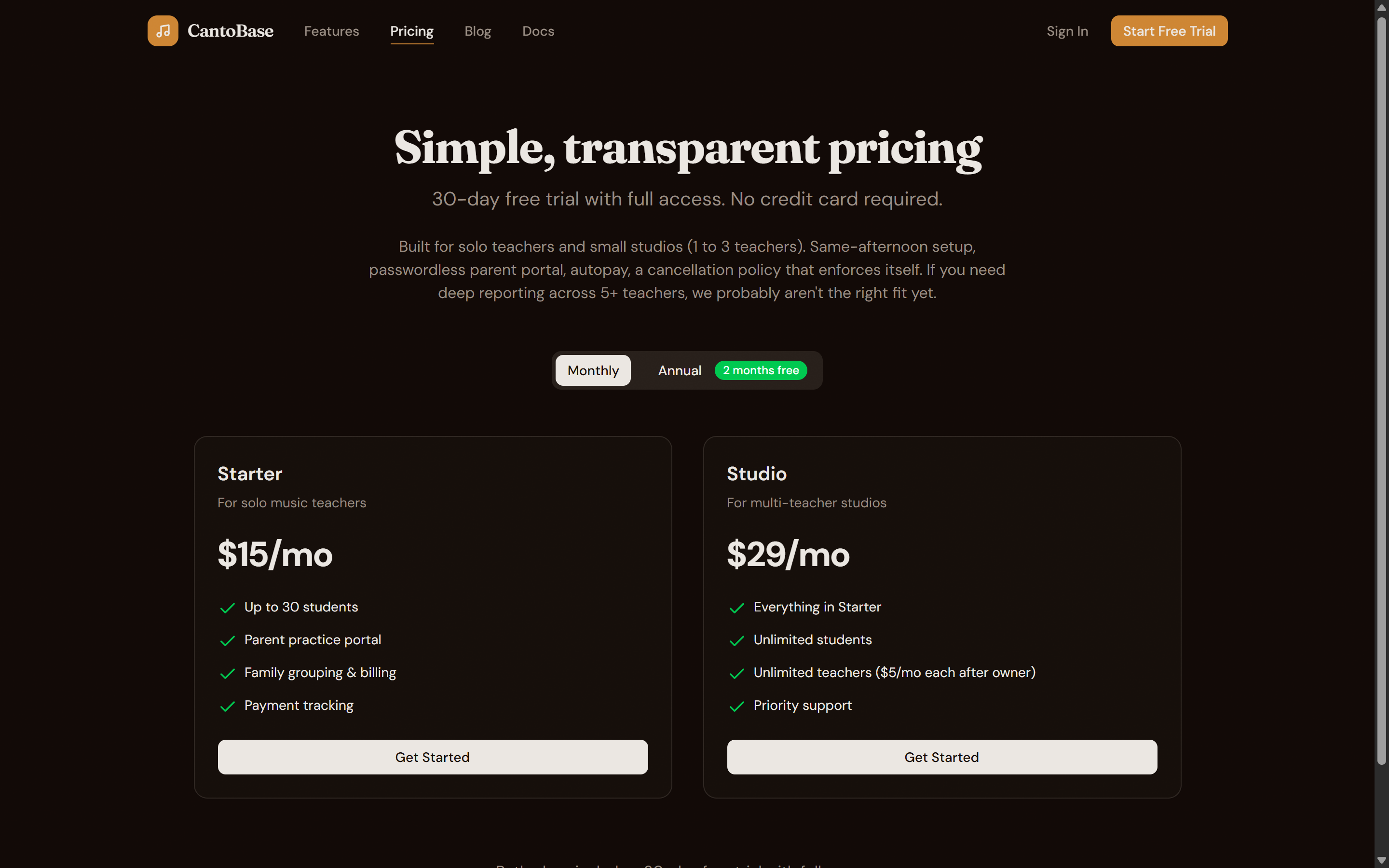Pricing page showing Starter ($15/mo) and Studio ($29/mo) plans with feature comparison