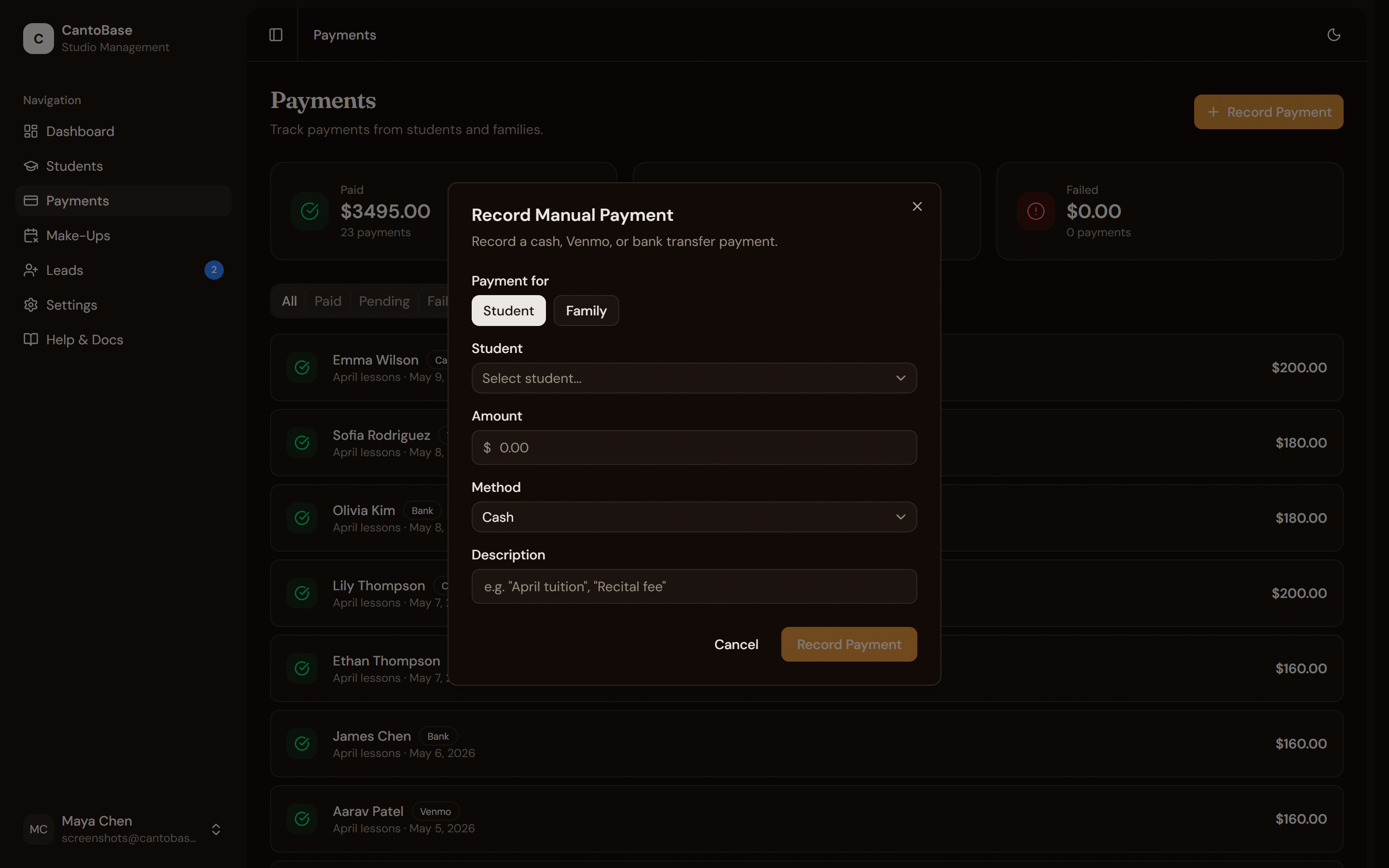 Record Manual Payment dialog with student selector, amount, payment method, and description fields