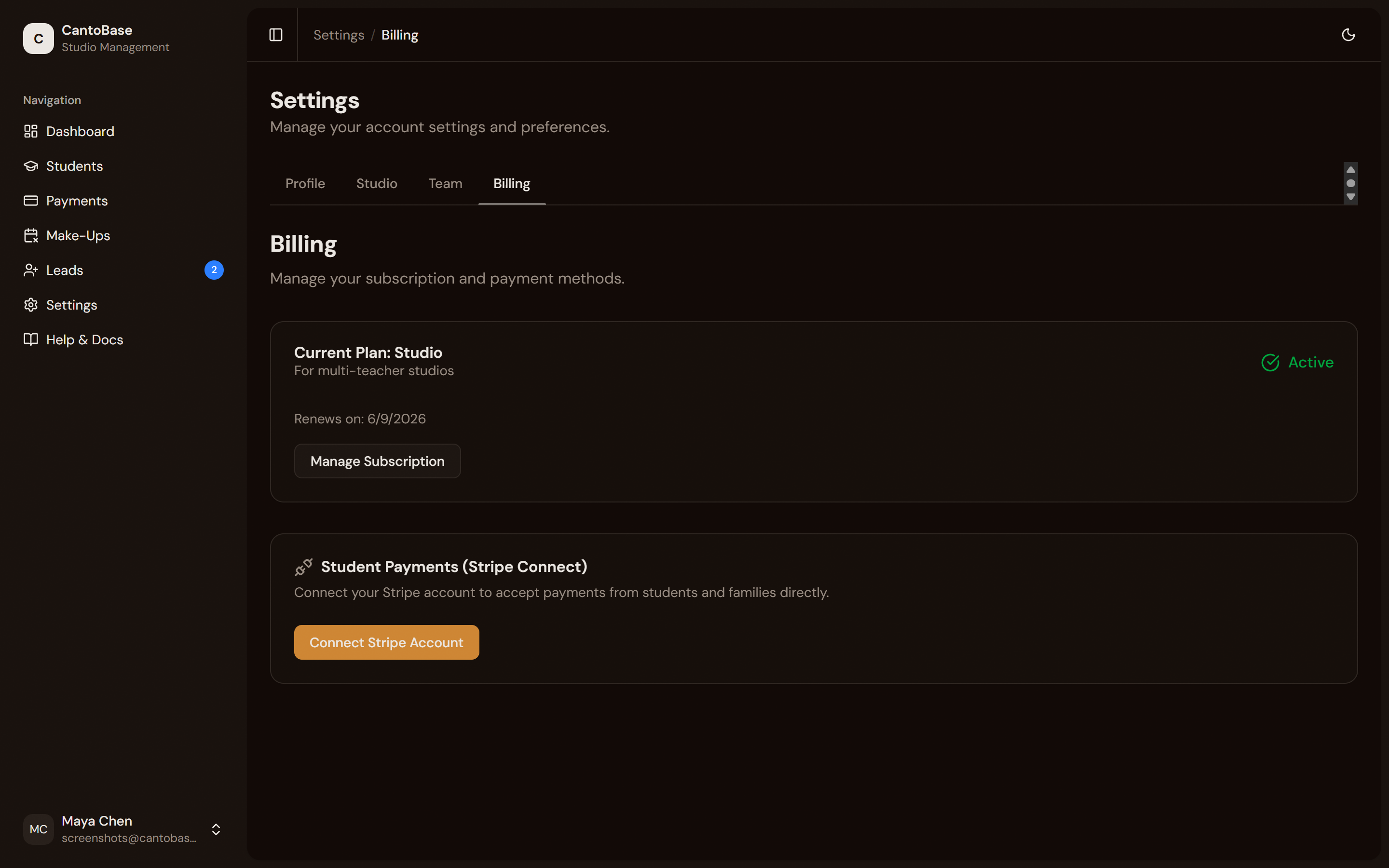 Settings billing tab showing current Studio plan, renewal date, and Manage Subscription button