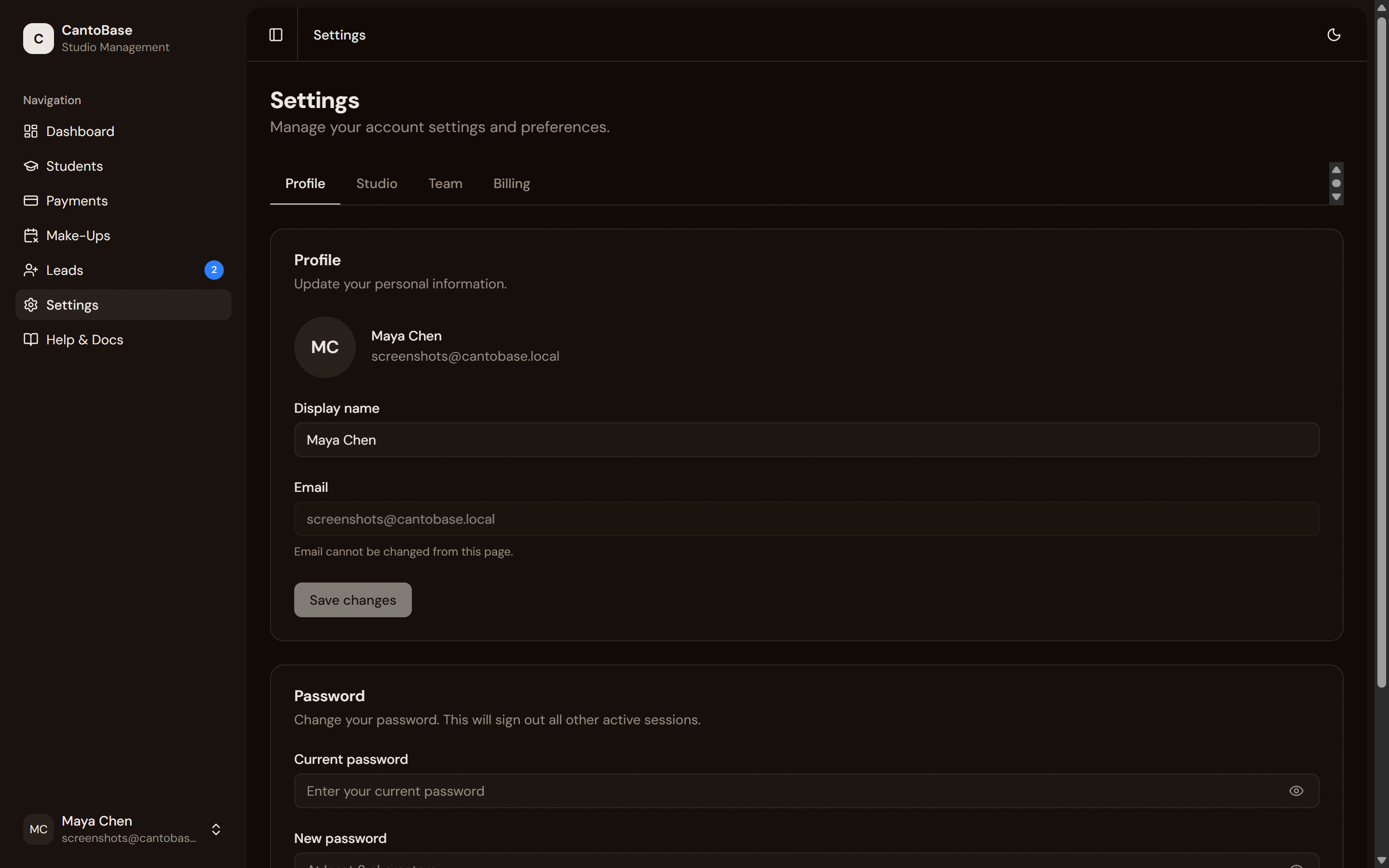 Settings page showing Profile tab with display name, email, avatar upload, and password change form