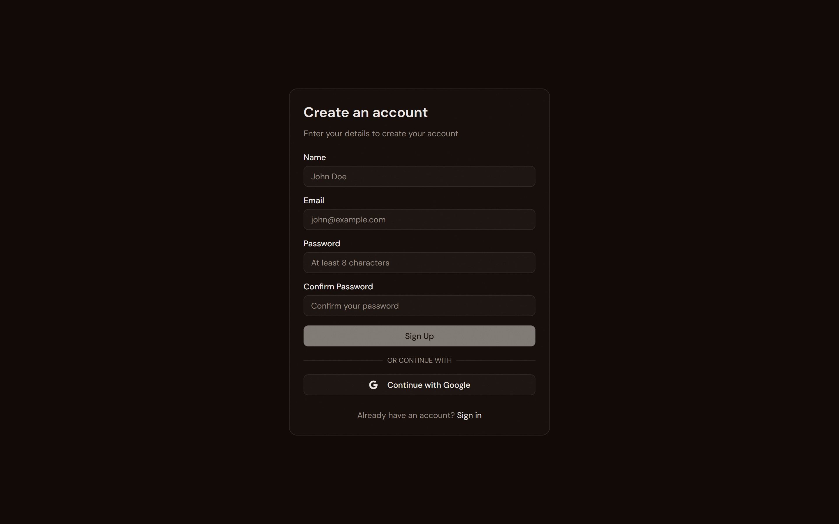 CantoBase signup form with name, email, password fields and Google sign-in option
