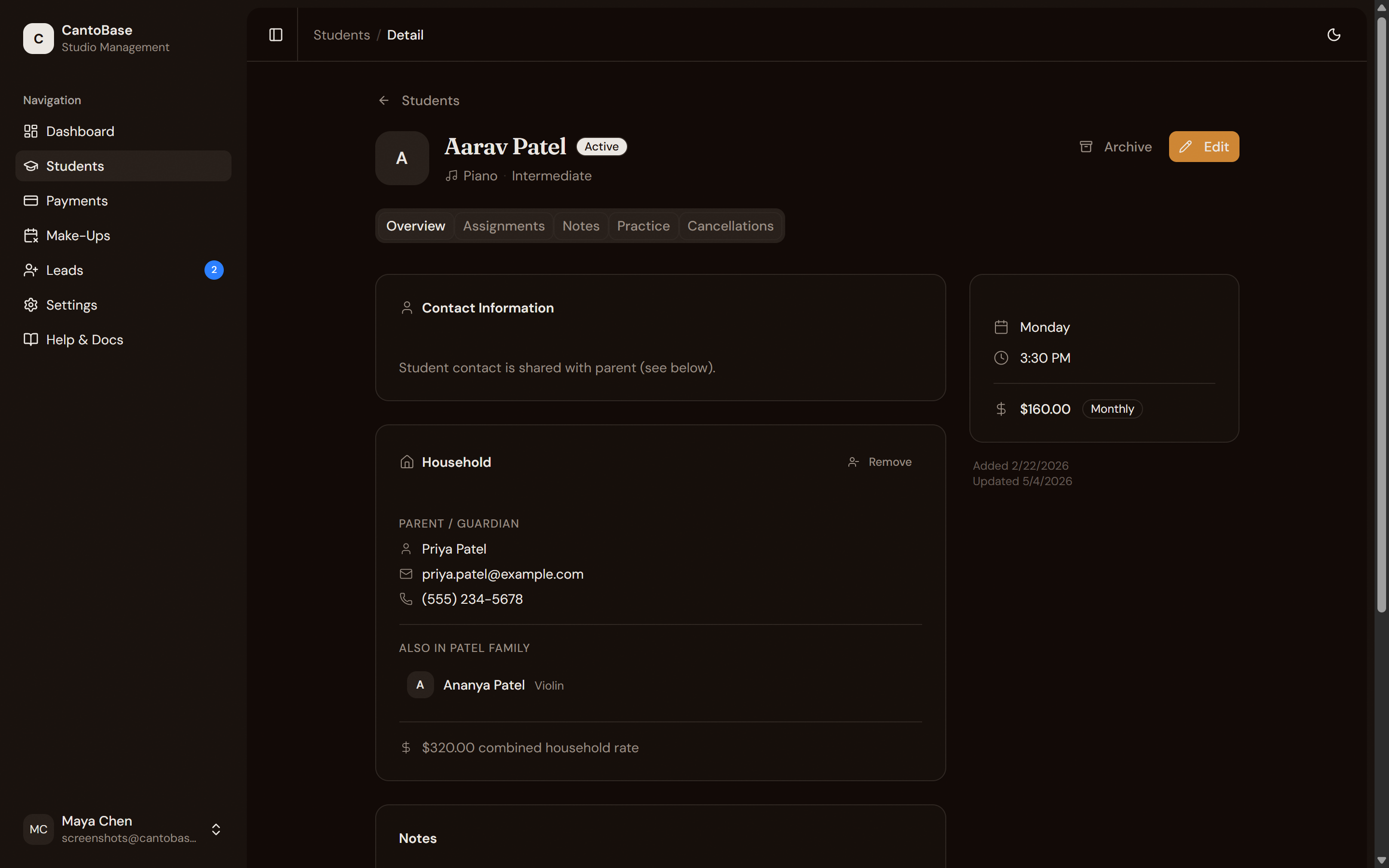 Student detail page showing overview tab with contact info, household, lesson schedule, and billing