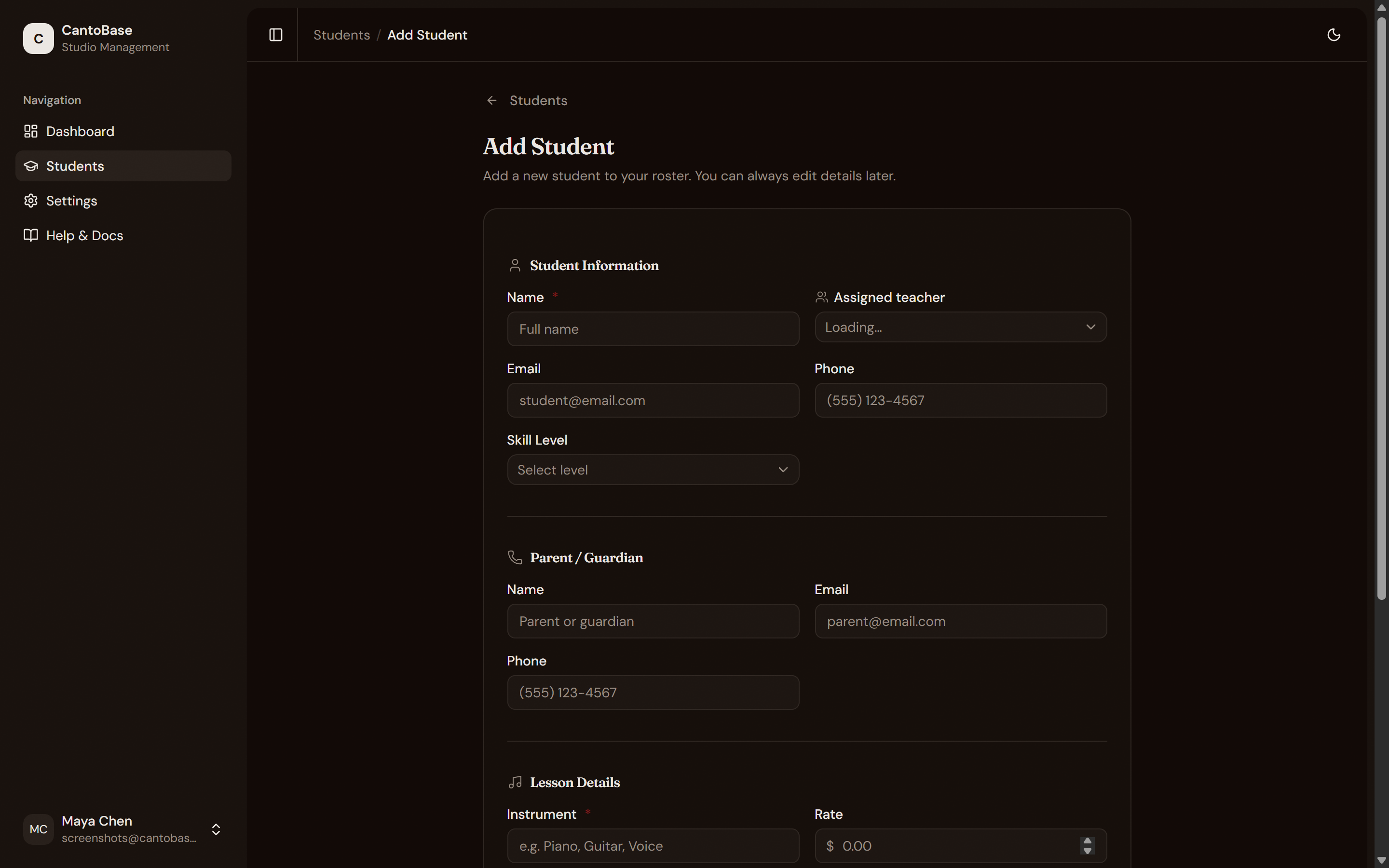 Add Student form with fields for name, email, instrument, parent info, lesson schedule, and billing