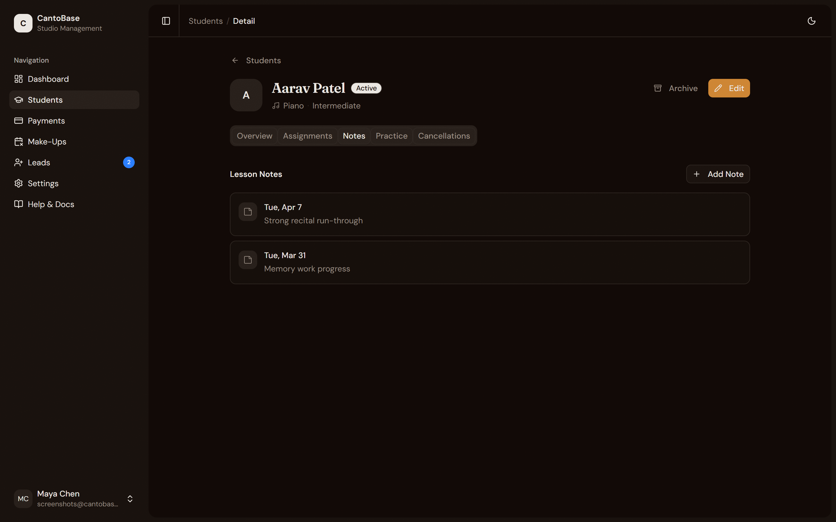Notes tab showing lesson notes with dates, summaries, and parent visibility indicators